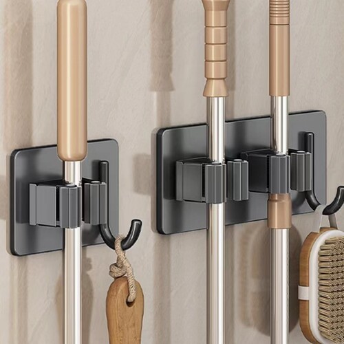 Gun gray mop clip hook bathroom punch-free multi-functional broom fixed hanger wall stainless steel wall-mounted