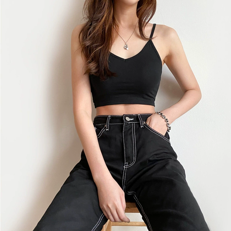 Хлопковая камзол с V-образным вырезом, белая женская летняя майка с красивой спинкой, цельный черный Топ без бретелек с коротким пупком