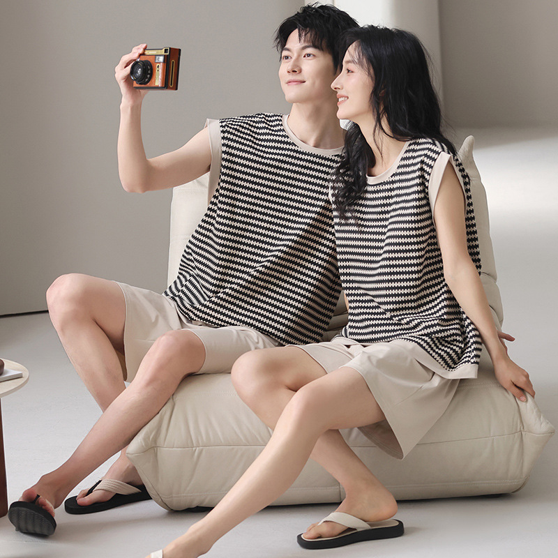 Pijamas de pareja para mujer con almohadilla para el pecho pantalones cortos sin mangas de algodón fino de verano para hombre traje de servicio a domicilio de talla grande suelto