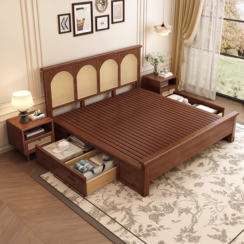 Cama de madera maciza francesa retro color nuez americana dormitorio principal cama doble 1.51.8 estilo medieval moderno simple