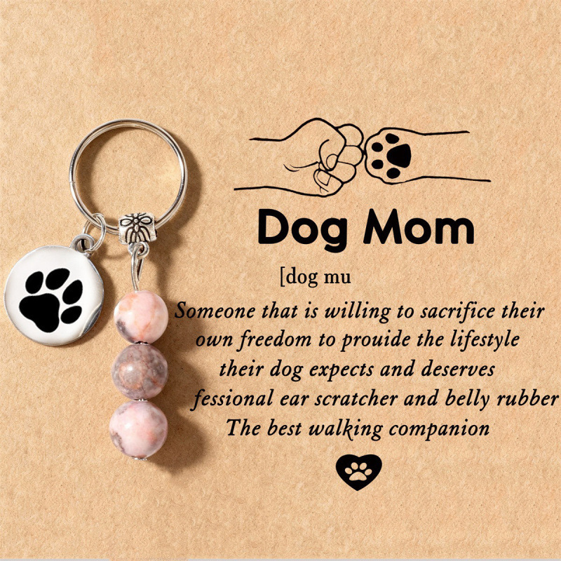 Dog pendant beaded stone keychain, cute cat engraved logo tag, pink zebra keychain