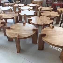 简约老榆木实木沙滩桌户外庭院露台圆桌休闲喝茶桌大排档中式餐厅