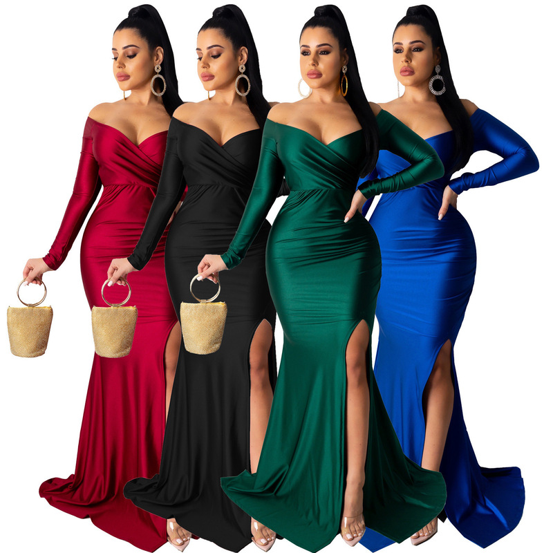 Al143 Cross-Border European and American Sexy Dress Nightclub Dress Solid Color High Slit Long Dress Women's Beach Vacation Dress