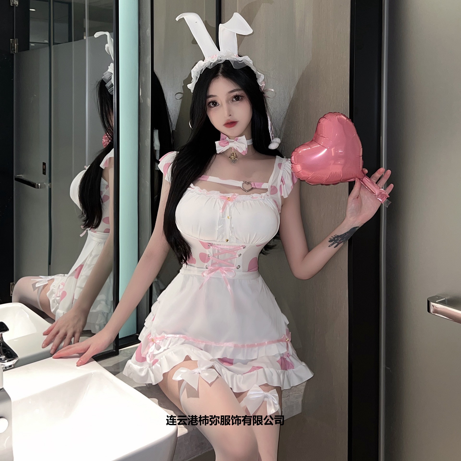 Shimi 섹시한 속옷 섹시한 핑크 소 유니폼 정장 토끼 소녀 메이드 코스프레 잠옷 원피스
