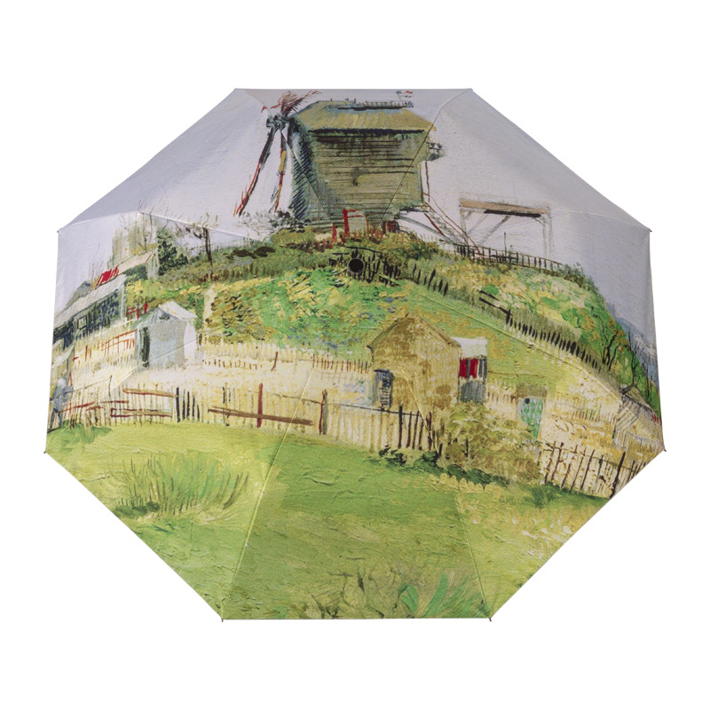 Van Gogh pintura al óleo paraguas pegamento negro Paraguas automático protección solar paraguas plegable paraguas de impresión digital paraguas pequeño paraguas fresco patrón imprimible