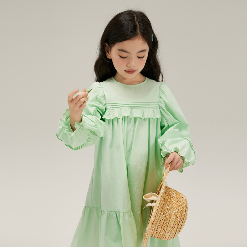 Girls' fashionable solid color long skirt 2024 spring new children's casual big children's dress pure cotton edge large skirt