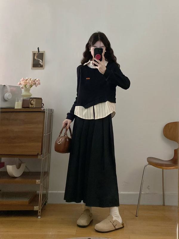 大码女装胖mm新款假两件拼接上衣+百褶半身裙|undefined