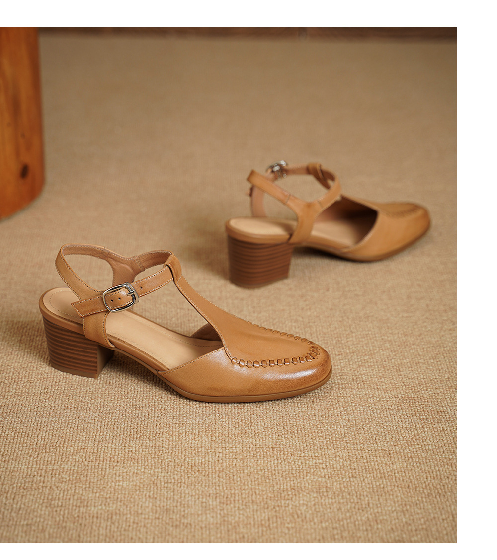 Sandal nữ mũi nhọn quai chữ T da bò gót 5 cm phong cách vintage — Màu hồng chi tiết 16