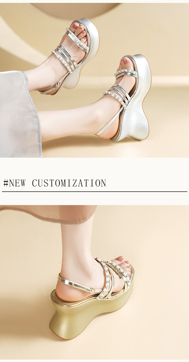 Sandal cao gót nữ quai ngang đính đá phong cách La Mã, đế xuồng dày, gót cao 9 cm — Màu vàng, Màu bạc chi tiết 3