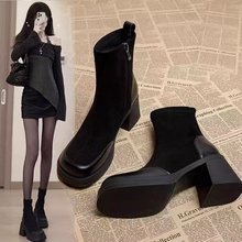 法式厚底马丁靴女2025秋冬高跟短靴新款韩系小踝靴粗跟弹力瘦瘦靴
