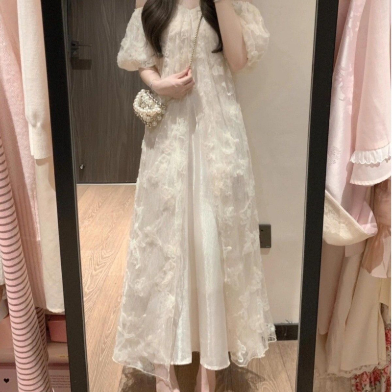 蝴蝶印花吊带连衣裙女夏2025粉色露肩宽松显瘦小个子超仙气质长裙