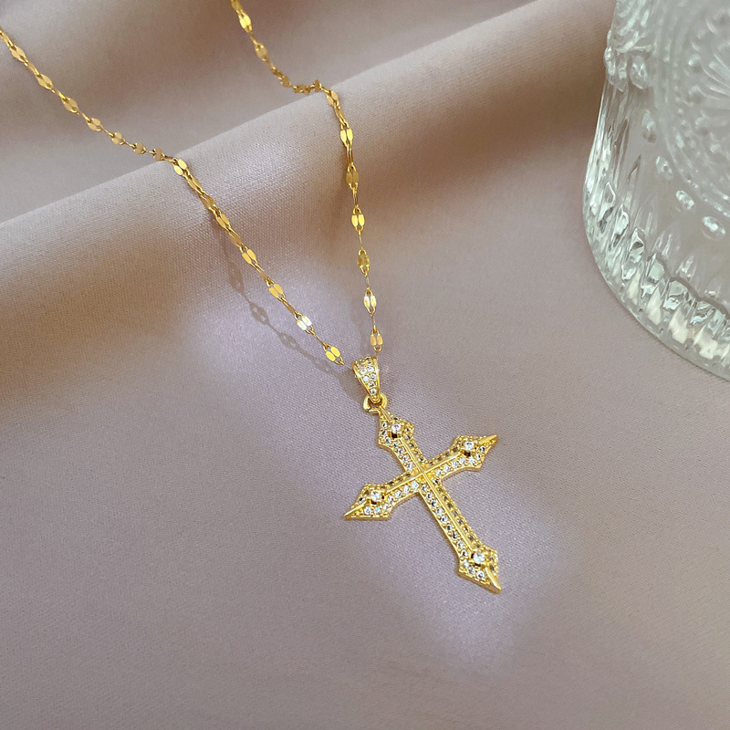 Fashion Cross Snake Titanium Steel Inlay Zircon Pendant Necklace 1 Piece