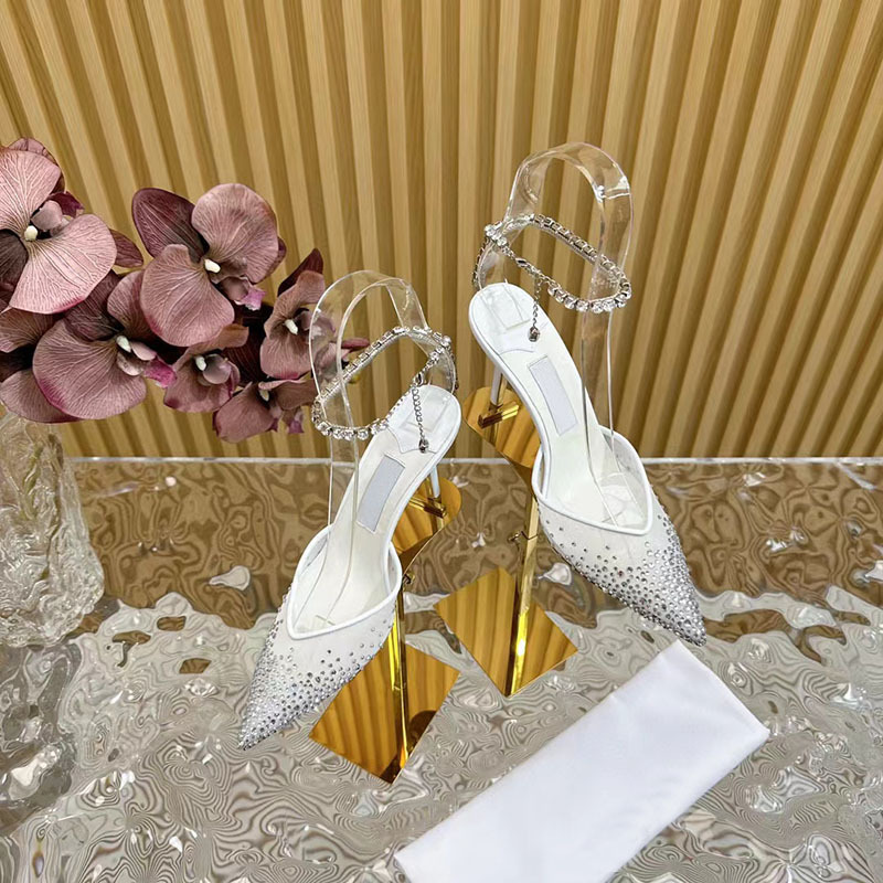 Pointed Toe One-Line Rhinestone Chain High Heels Mesh Hot Diamond Shallow Mouth Genuine Leather Sandals Women's Stiletto Elegant Wedding Shoes