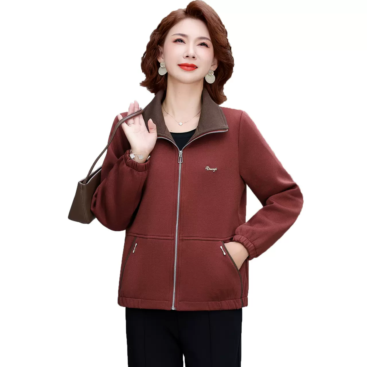 中年妈妈春装外套洋气上衣2025新款中老年女春秋休闲短款连帽夹克