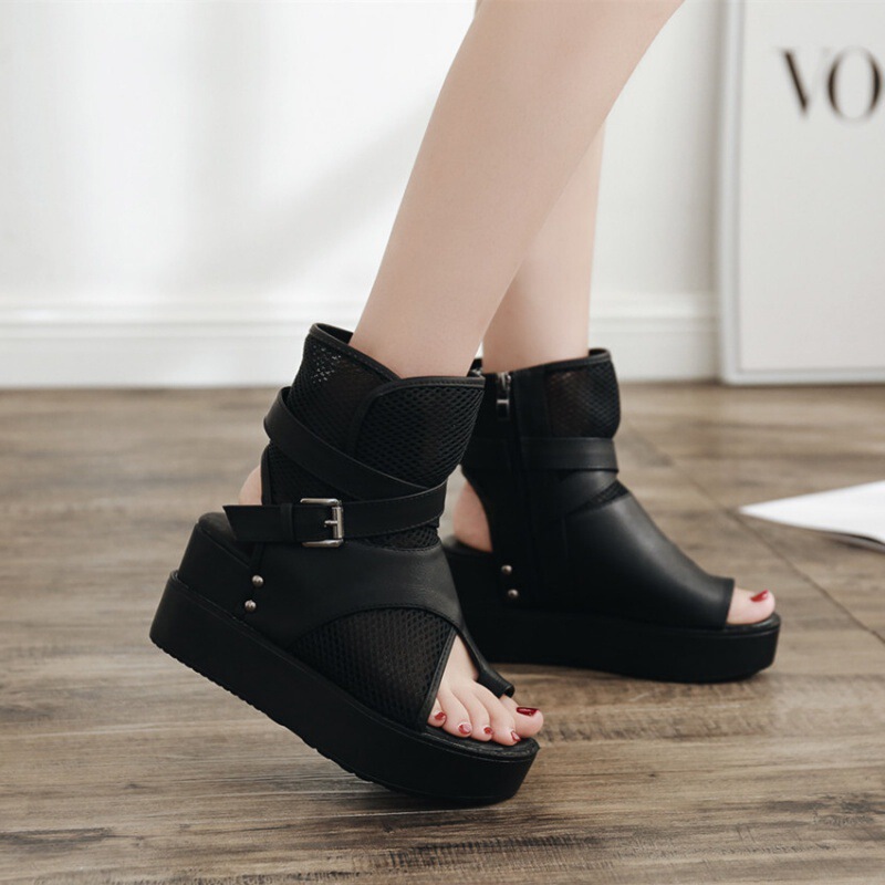 2026 Spring New Sandals European and American Style Platform Wedge Mesh Women's Shoes with Internal Height Increase, Hollow Belt Buckle Roman Shoes