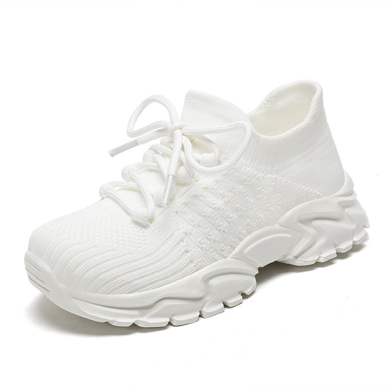 Mädchen-Sneaker aus dickem, einfarbigem Mesh mit Schnürung vorne, Flyknit-Obermaterial und gekreuzten Rändern_voghion.com