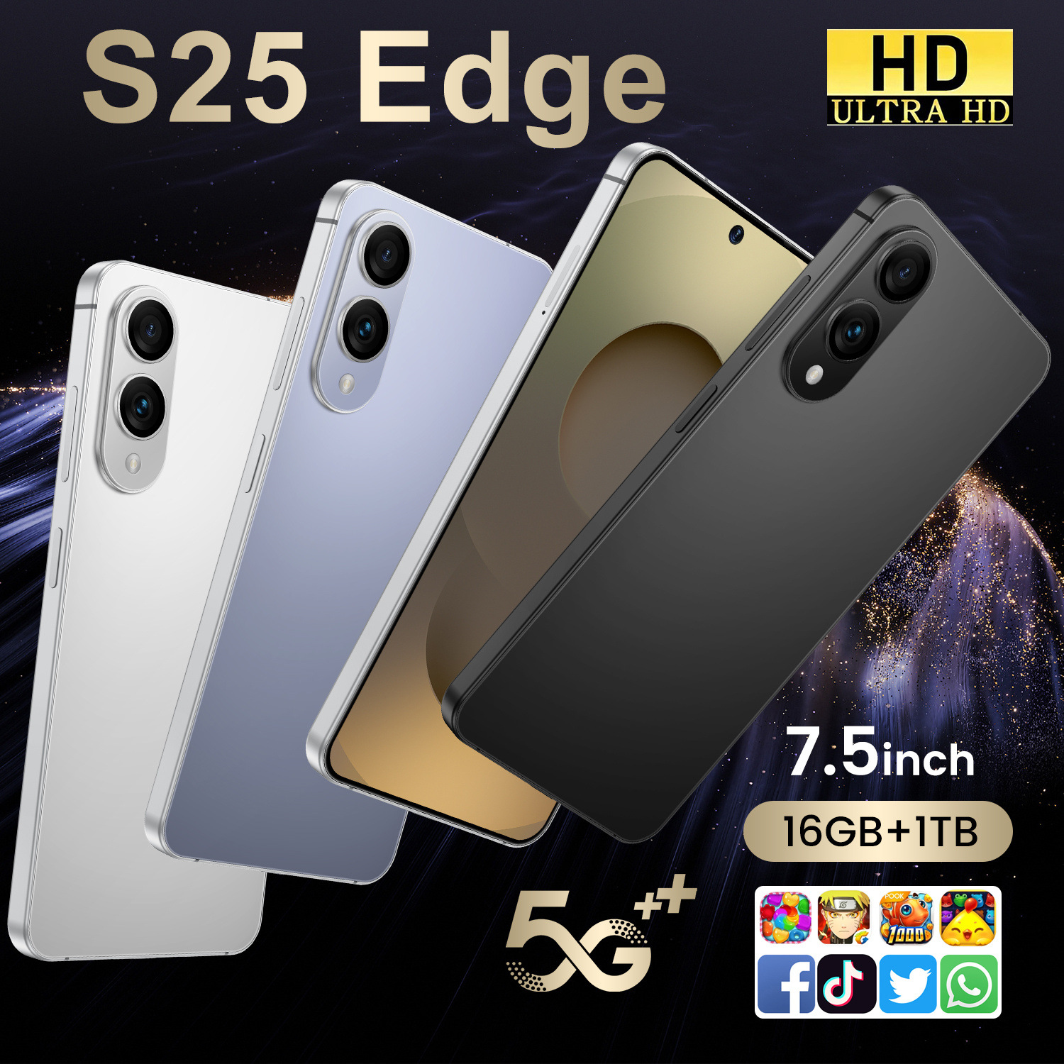 S25 Edge Cross-Border Mobile Phone with Large Screen, Android 14, New Foreign Trade Model, Hot-Selling, Dropshipping, High-End Smartphone