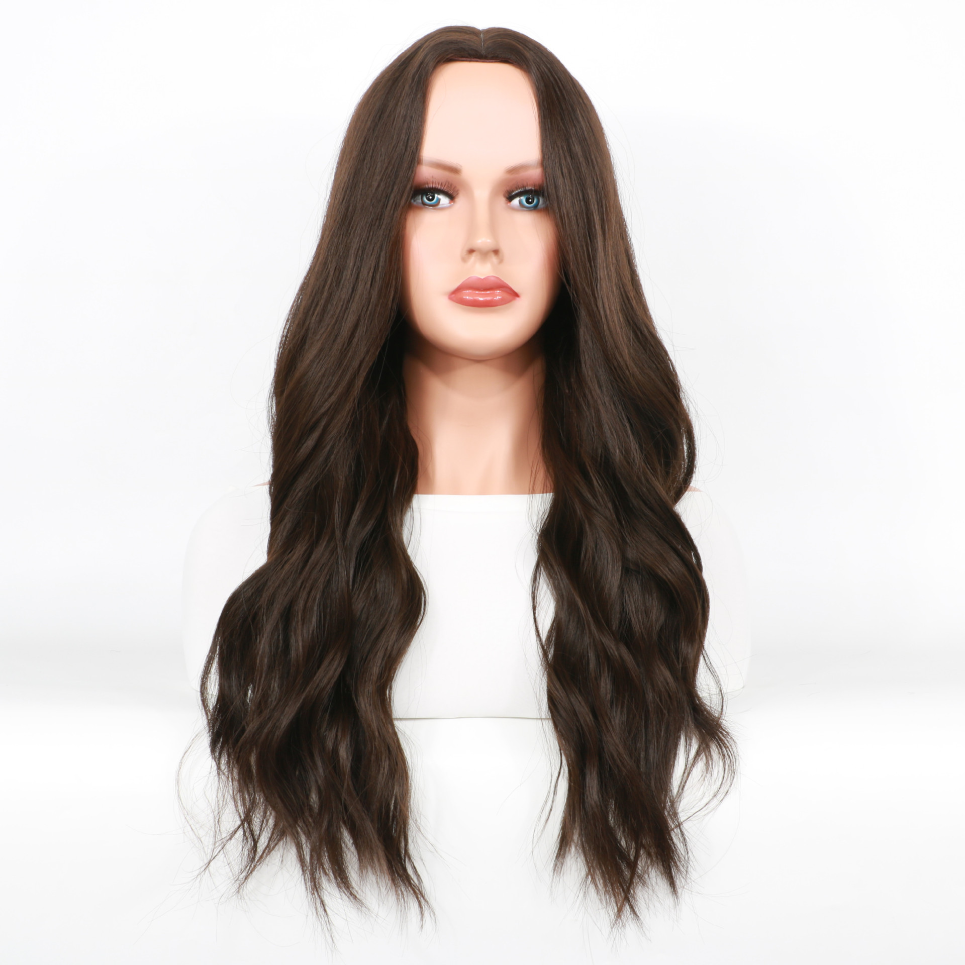 Synthetische pruik Zwart Bruin Mid Split Lange Krul Damesmode Pruiken Volledige hoofdpruik_voghion.com