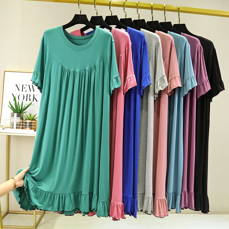 Modal Ruffled Crewneck dress Women's plus size chubby girl Pleated All-match Long Dress Casual Home Dress Pregnant Women's Dress