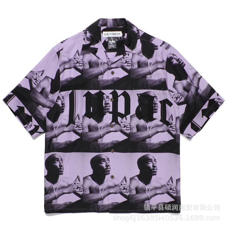 Cross-Border Export Japanese Style Trendy Brand 2Pac Character Pattern Print Men's and Women's Same Style Cuban Collar Hawaiian Short-Sleeved Shirt Cross-Border Export Japanese Style Trendy Brand 2Pac Character Pattern Print Men's and Women's Same Style Cuban Collar Hawaiian Short-Sleeved Shirt