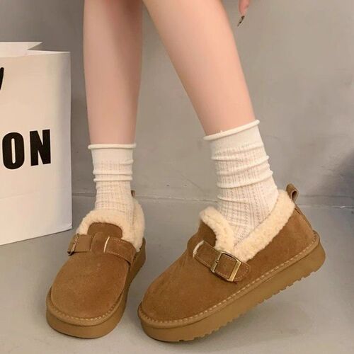 Winter New Women's Thick-Heeled Birkenstock Shoes with Fleece Lining, Non-Slip, Warm and Cozy Plush Cotton Shoes