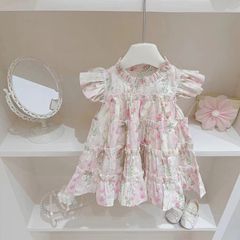 Little Girl's Summer Dress 2024 New Trendy Sweet Floral Korean Version Little Fly Sleeve Little Girl Princess Cake Dress