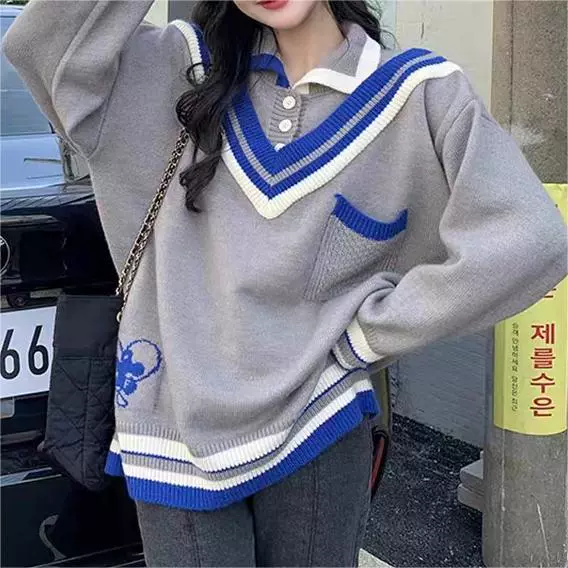 潮牌毛衣女秋冬2023新款V领假两件学院风polo领羊毛针织衫外套