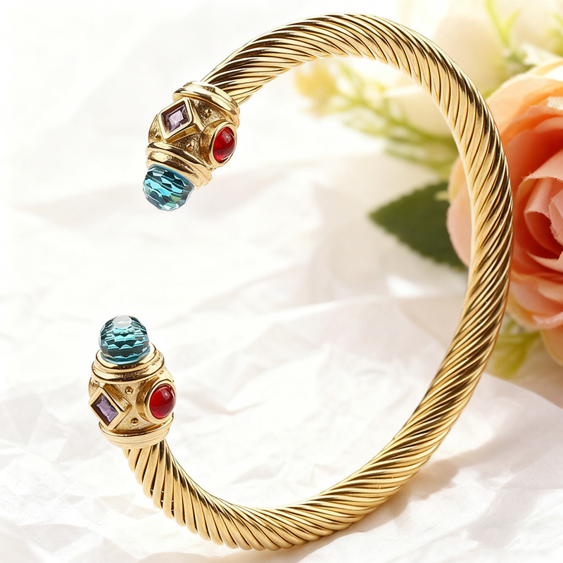 Foreign Trade Style Stainless Steel Open Punk-Style Men's Bracelet with Colored Diamonds and V-Shaped Gold Wire, Trendy and Popular