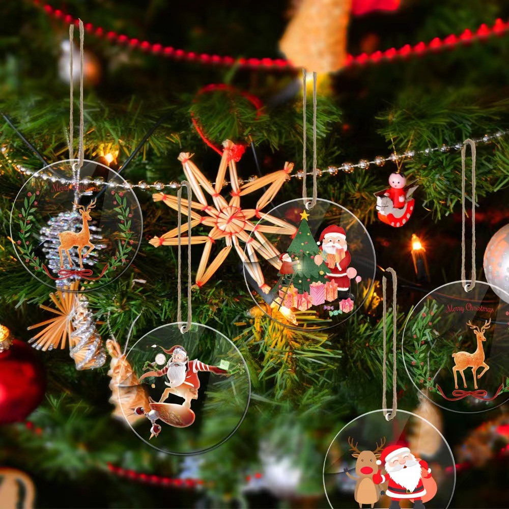 跨境专供圣诞节亚克力圆片挂牌圆形带孔DIY圣诞树装饰品挂件定制