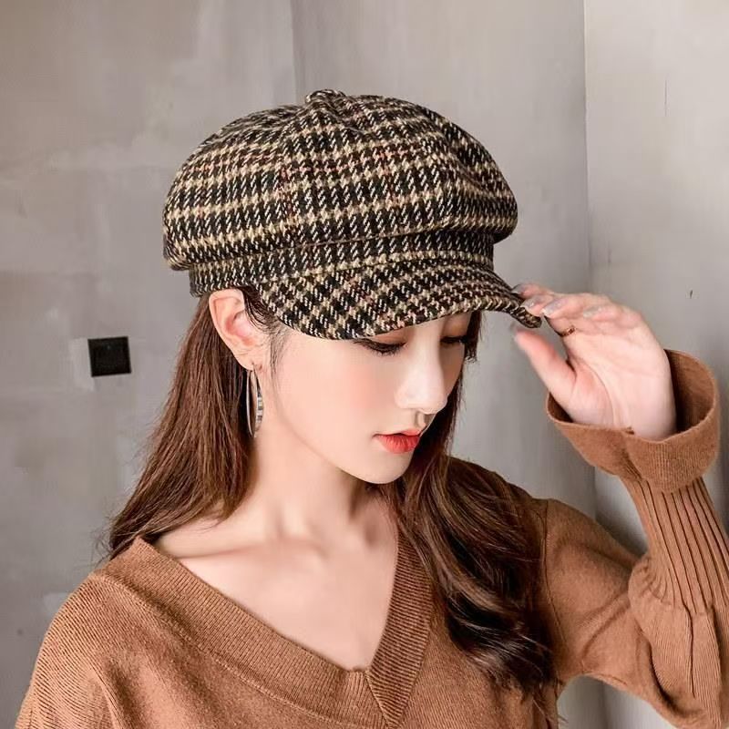 Houndstooth Beret for Women, Autumn and Winter Korean Version, British Versatile Painter's Hat, Octagonal Hat, Face-Slimming Small Hat, Trendy