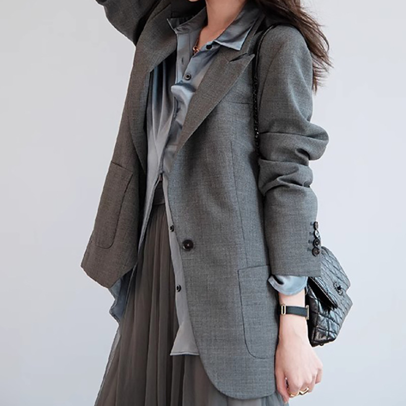 In-Stock Manufacturer Wholesale Spring and Autumn New Style Wool Double Patch Pocket Oversized Blazer for Women Casual Spring and Autumn Women's Clothing