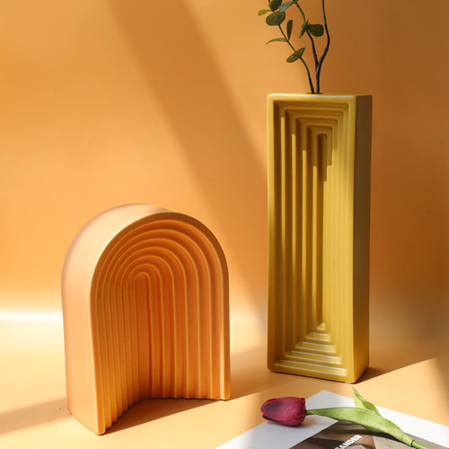 Nordic simple geometric striped ceramic vase modern home hotel model room dry flower flower arrangement soft decoration
