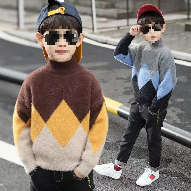 男童毛衣加厚水貂绒2025新款秋冬款中大儿童半高领打底衫男孩潮衣