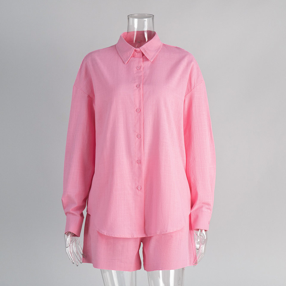 Bộ cardigan dài tay kèm quần short cotton màu trơn phong cách đơn giản — Màu cam, Màu hồng, Màu hồng nhạt, Màu trắng chi tiết 8