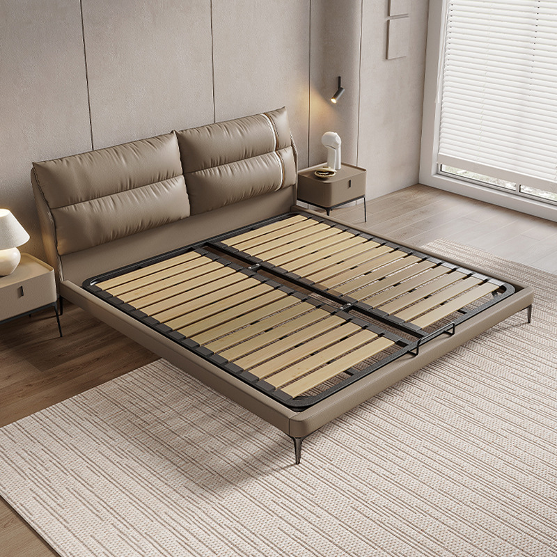 2023 nueva cama de cuero genuino italiano minimalista dormitorio principal cama 1,8 m moderno minimalista abajo bolsa suave cama doble