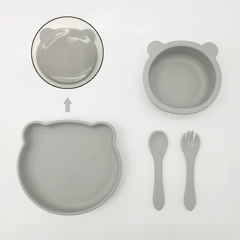Bebé de alimentación placa cuchara Tenedor traje grado alimenticio silicona Integrado placa niños dibujos animados oso vajilla materna y infantil