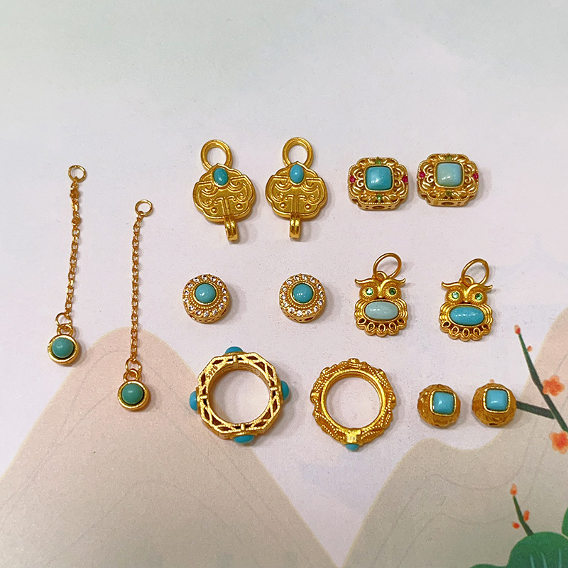Natural Raw Ore Turquoise 925 Silver Plated with Ruyi Love Clover Round Bead Bracelet DIY Accessories