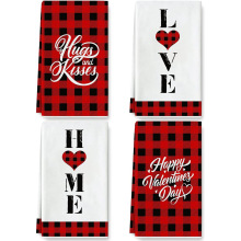 情人节厨房毛巾红色黑色水牛格子洗碗巾家居茶巾情人节快乐干手巾