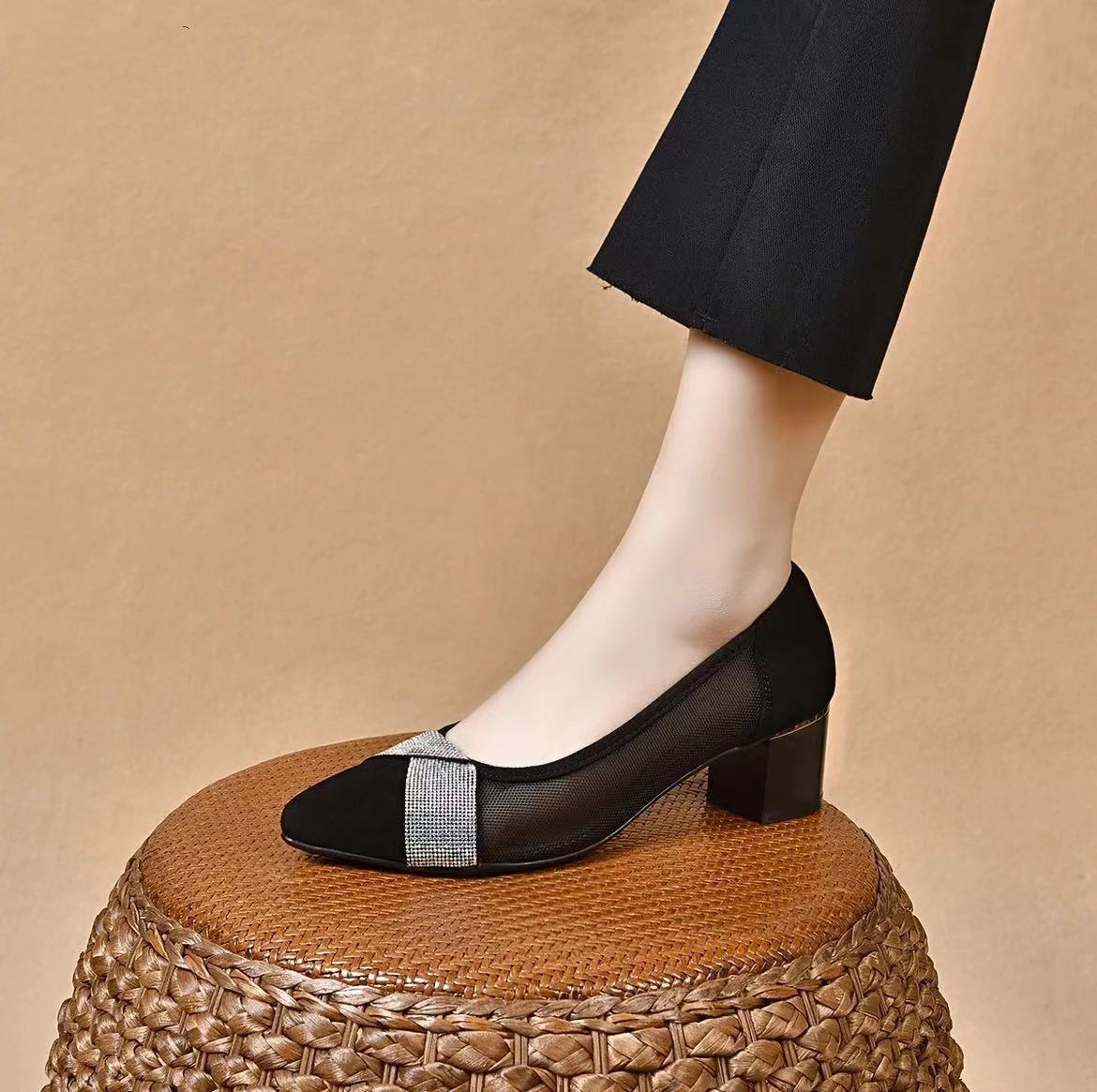 Giày da nữ mũi nhọn gót thấp 3 cm, kiểu hở mũi lưới thoáng khí — Gót thấp màu đen (3 cm)