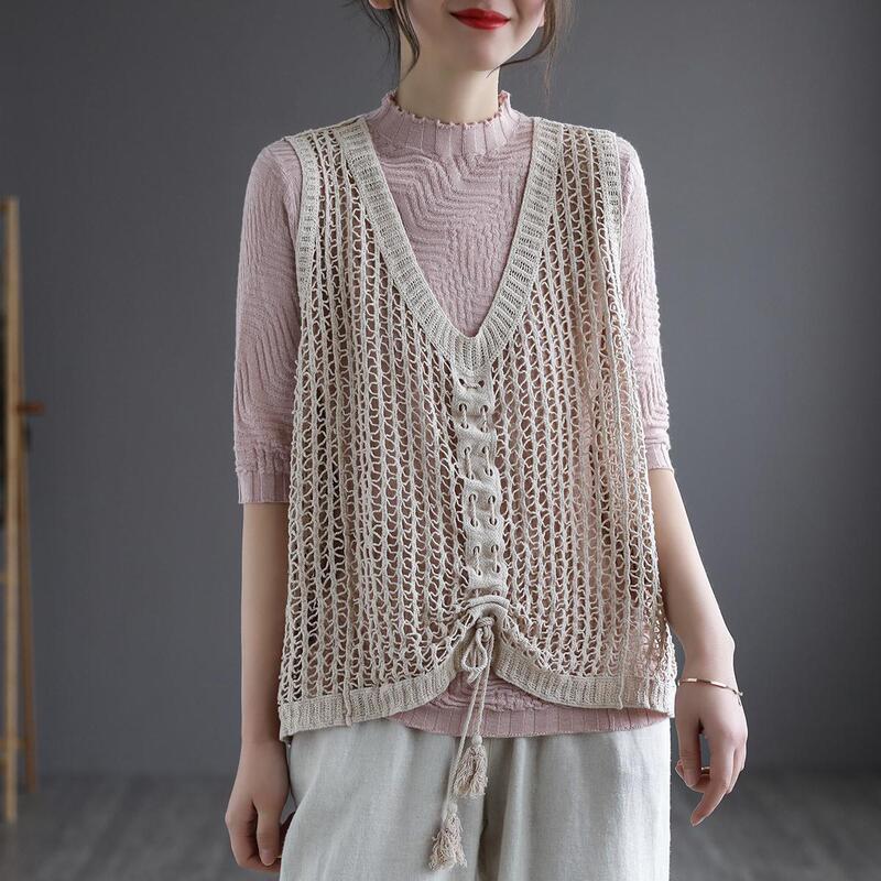 Artistic V-neck Vest Knitted Loose Large Size Fashionable Hollow Drawstring Cotton Thread Sleeveless Vest Vest Waistcoat Artistic V-neck Vest Knitted Loose Large Size Fashionable Hollow Drawstring Cotton Thread Sleeveless Vest Vest Waistcoat