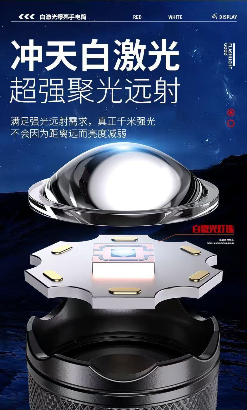 Cross-border flashlight USB white laser portable charging super bright emergency outdoor light zoom long-range spotlight