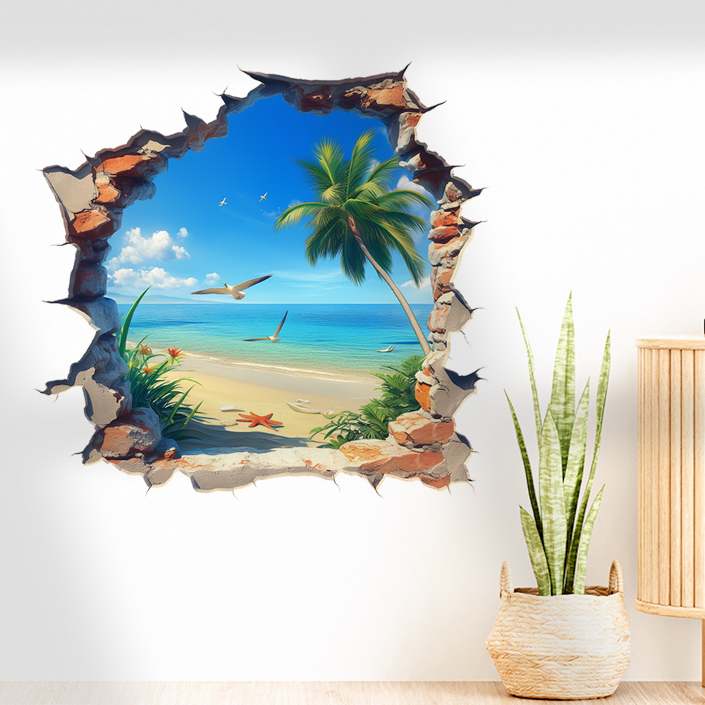 New 3D Wall With Hole Design, Hawaiian Seagull Scenery, Home Background Decoration Sticker_voghion.com