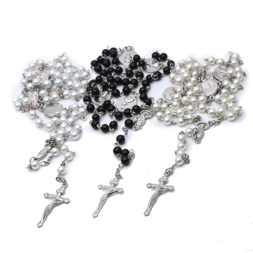 跨境厂家货源无磁性黑曜石念珠项链复古十字架批发Rosary beads详情9