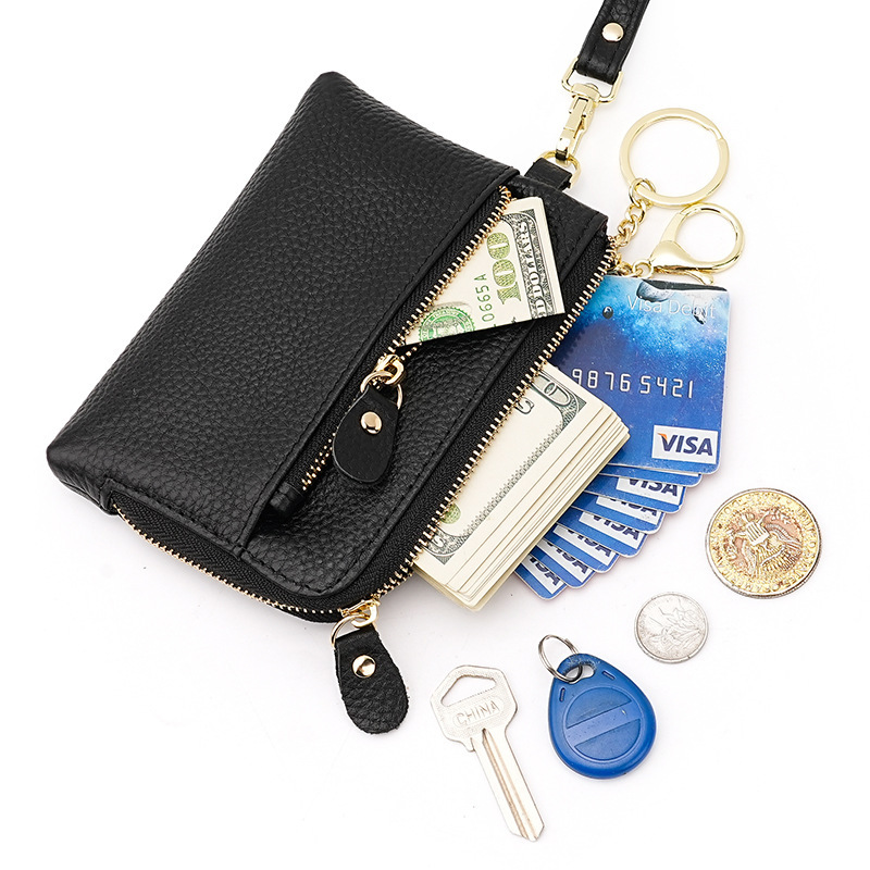 Cross-border first-layer cowhide small wallet with multi-card key chain coin change bag with leather coin purse for women
