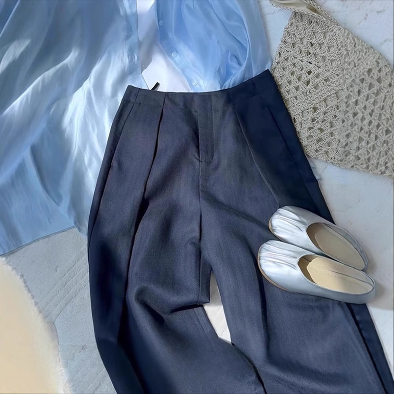 Highly Recommended! Old Money Style Navy Blue Casual Pants Summer High-Waisted Pleated Fashion Non-Stick Leg Linen Suit Pants Highly Recommended! Old Money Style Navy Blue Casual Pants Summer High-Waisted Pleated Fashion Non-Stick Leg Linen Suit Pants