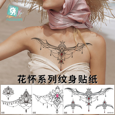2022 new pattern Cross border Source of goods waterproof Tattoo Sticker Simplicity black and white Flower Sternum personality tattoo wholesale
