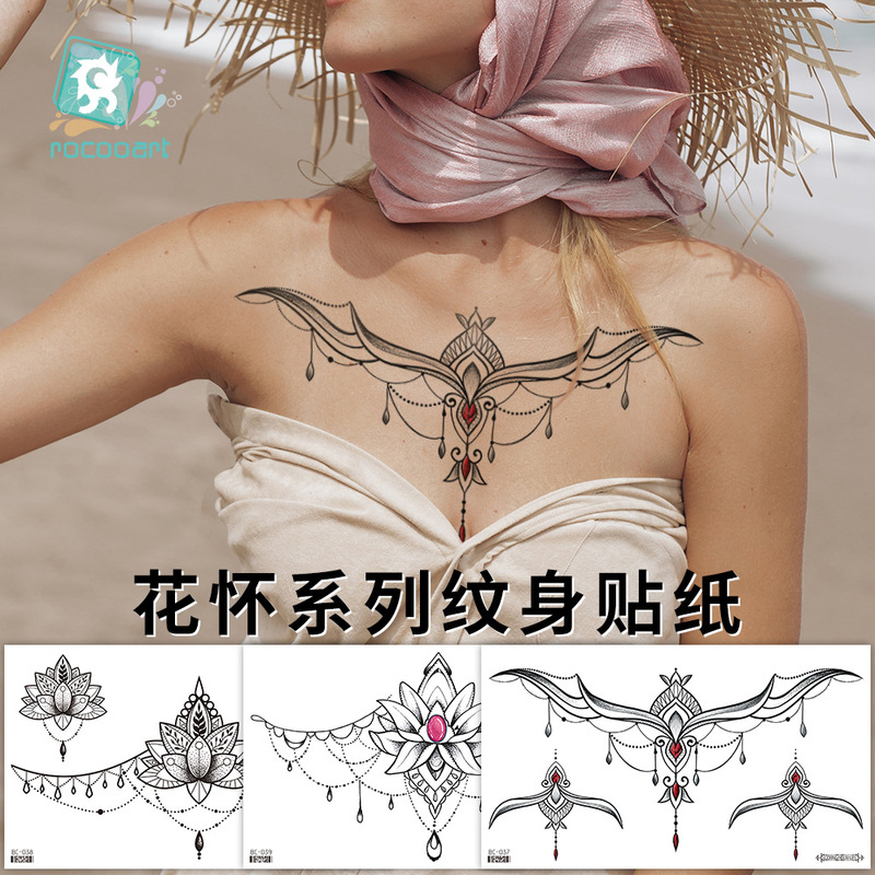 New Cross-Border Supply Waterproof Tattoo Stickers, Simple Black and White Flower Chest Stickers, Personalized Tattoo Wholesale