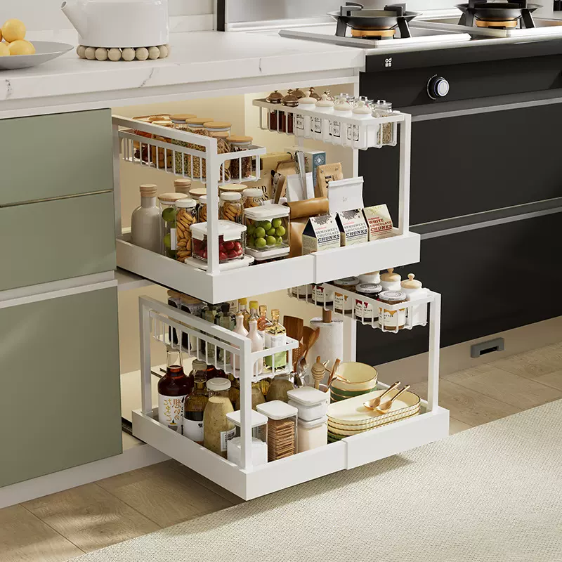 橱柜内调味架厨房调料收纳家用抽拉式双层置物架台面调料罐收纳篮