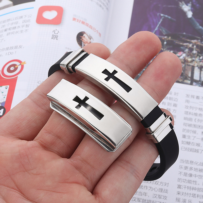 Factory Direct supply silicone stainless steel sports bracelet Korean fashion Cross men and women couple personality bracelet