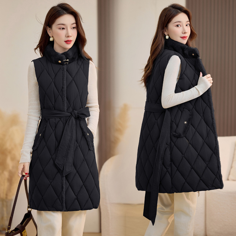 2025 otoño y invierno chaleco de algodón para mujeres largo estilo coreano de algodón intercalado espeso cordero con capuchón de algodón abrazadera chaqueta de moda